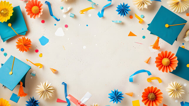 Background with colorful paper graduation caps and flowers and streamers are arranged on a white surface. The vibrant decorations create a festive and cheerful atmosphere