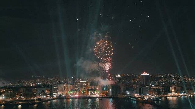 Fireworks in izmir city for the 100th anniversary of the Republic of Turkey. Izmir, 29 October 2023. High quality 4k footage