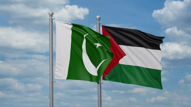 Palestine and Gaza Strip and Pakistan two flags waving together on blue sky, looped video