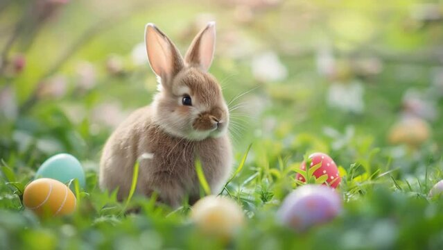 cute bunny in green grass with easter eggs, happy easter