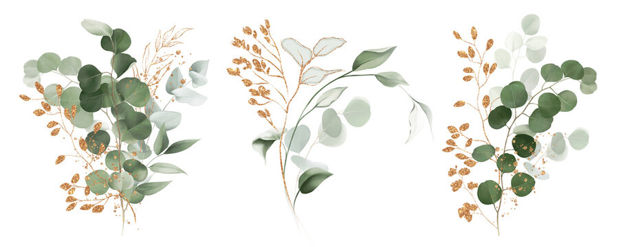 Watercolor bouquet of leaves and eucalyptus branch with gold. Botanical herbal illustration for wedding or greeting card. Hand painted spring composition isolated on white background.