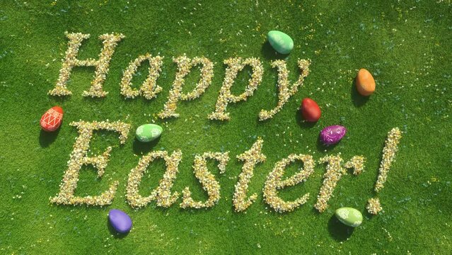 Happy easter animation. Easter eggs on green grass and growing flowers in shape of happy easter text. Easter day background animation, colorful easter eggs and flowers growing on green meadow.