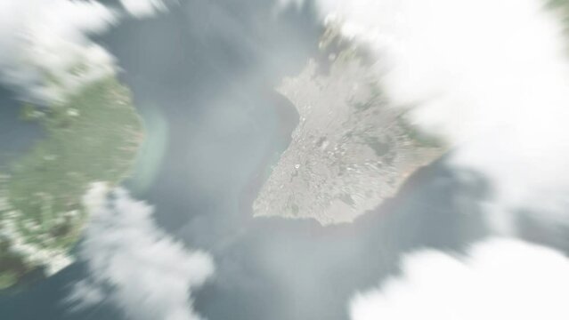 Earth zoom in from space to Salvador, Brazil. Followed by zoom out through clouds and atmosphere into space. Satellite view. Travel intro. Images from NASA