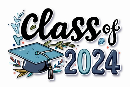  word "class of" with shadow and gradients. Next to it are the numbers "2024" on a white background. Below is an illustration of a graduation cap and laurel wreath in the style of clip art stickers. 