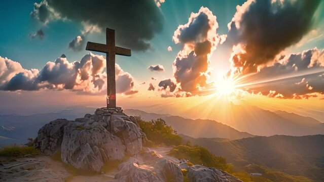 Christian cross in the glow of the sun, mountain landscape above the clouds