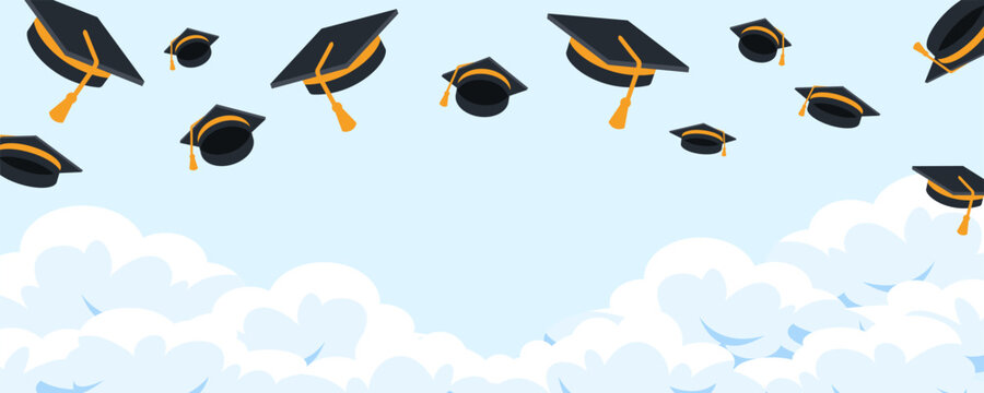 Black graduate caps on the sky. Congratulation graduates 2024 class of graduations background