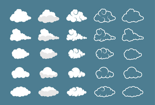 Collection of white cartoon and anime clouds in a sleek flat design collection. Cloud shapes design. Vector set clouds. White cloud collection. Vector.