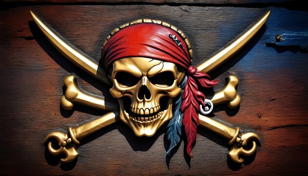 Pirate 3d symbol with skull, red bandana and bones on stone background, fantasy, steampunk, vintagem horror, adventure, caribbean