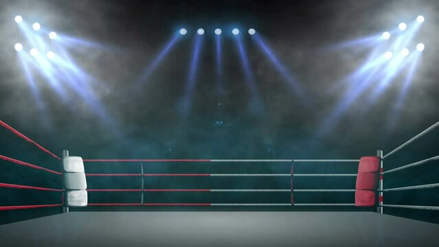 Boxing ring ready for fight. Animation of sport arena and shining spotlights. Indoor sport 4k video background.	