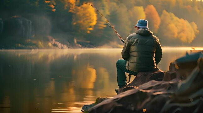 Man fishing beside the lake footage video