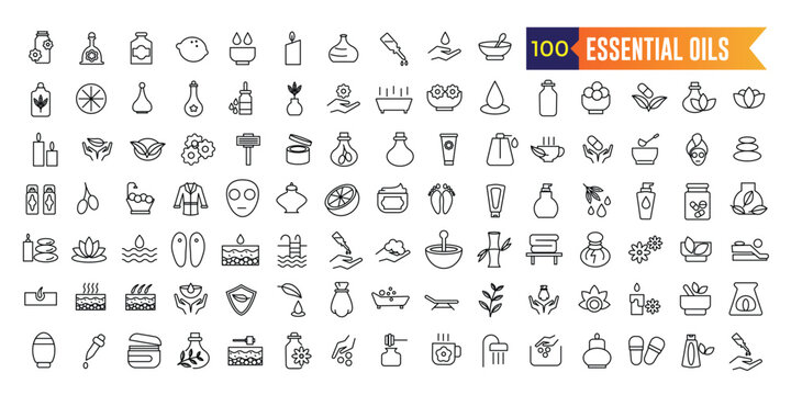 Essential oils icons set. Set of oils vector icons for web design isolated icon collection. Outline icon collection. Editable stroke.