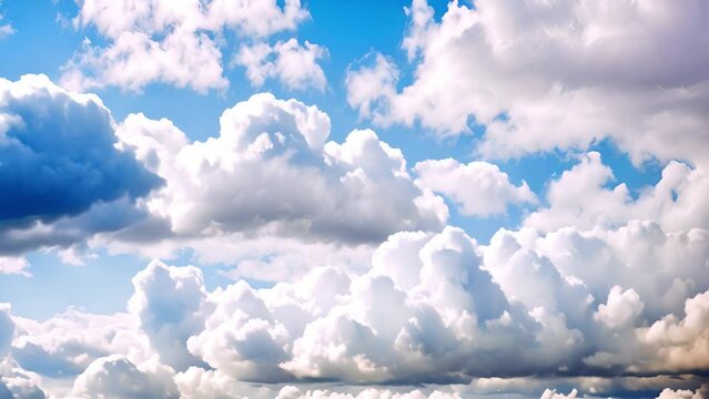 Breathtaking aerial flying backwards through the white fluffy clouds high in the heavenly sky with fresh clean air and blue skies on background. Paradise concept, nature landscape footage 4K amazing 