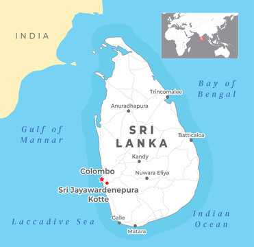 Sri Lanka Political Map with capital Colombo and Sri Jayawardenepura Kotte, most important cities.