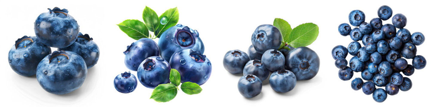 Collection of blueberries cutout png clipping path isolated on white or transparent background