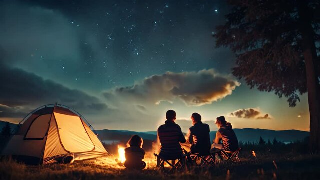 Group of friends sitting near campfire and looking at night starry sky, A family camping trip under a star-filled sky, AI Generated