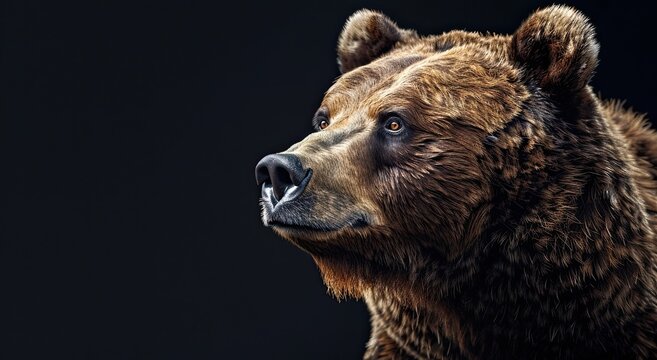 portrait of a brown grizzly bear photo studio setup with key light, isolated with black background