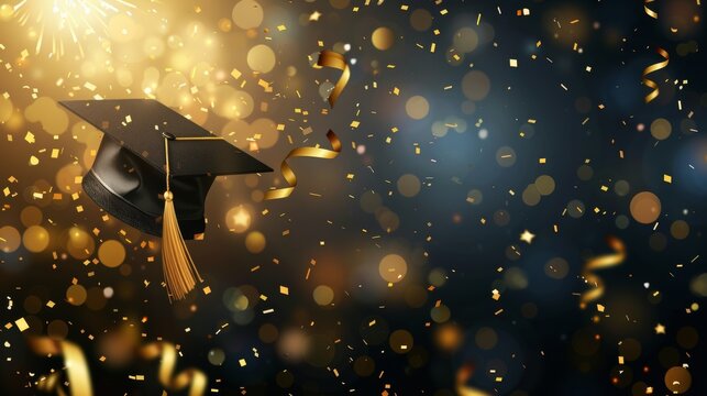 A greeting banner for graduation. Modern illustration with a graduation cap, golden confetti, and sparkling fireworks for decoration of a graduation ceremony. Design to congratulate graduates.