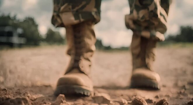 Boots of a soldier at military training.