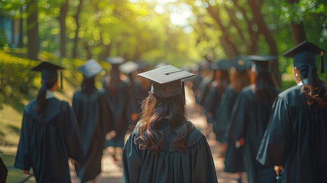 Rear view of the university graduates in graduation gowns and caps - Generative AI