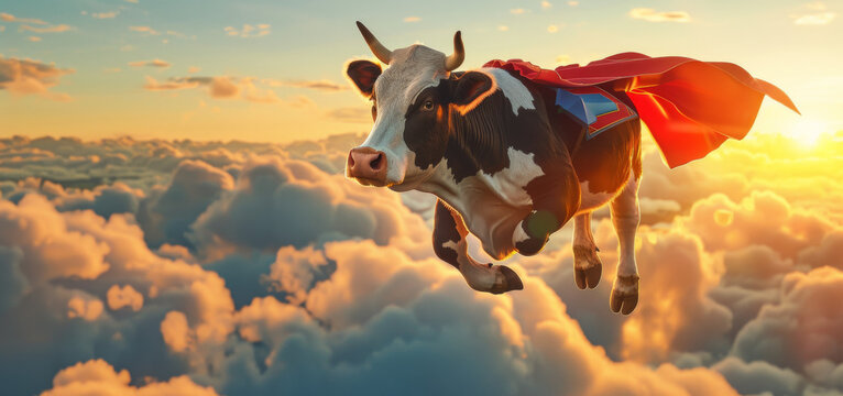 photo of cow dressed in colorful superhero costume, flying above the clouds at sunrise