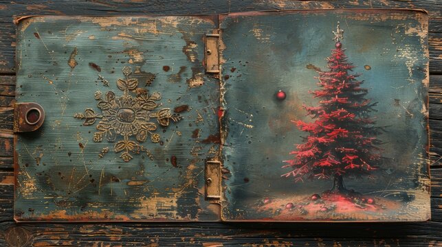 Front and back of this grunge postcard feature a Christmas tree and swirling hearts. The clipping path is included.