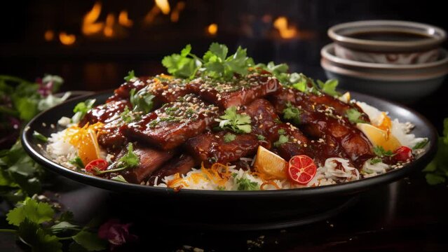 Pork Cha Shao (famous Chinese barbecue) sliced on a board