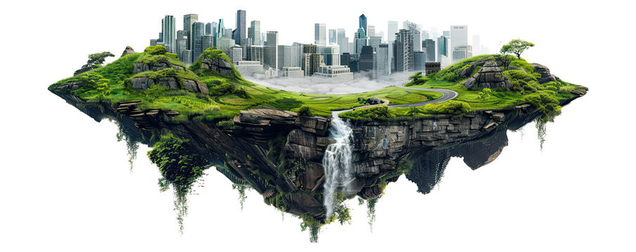 3d illustration modern city skyscrapers floating with beautiful landscape waterfalls on the patch of land, isolated on white background, png