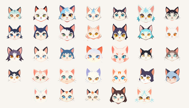 Collection of anime cat head vectors with cute and expressive features