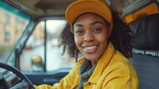 Happy black woman delivery driver driving delivery truck and looking at camera