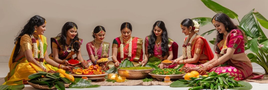 Happy people celebrating Ugadi festival, New Year's Day according to the Hindu calendar and is celebrated by Telugus and Kannadigas, banner