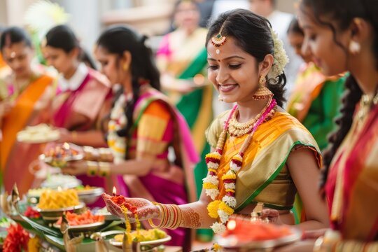 Happy people celebrating Ugadi festival, New Year's Day according to the Hindu calendar and is celebrated by Telugus and Kannadigas