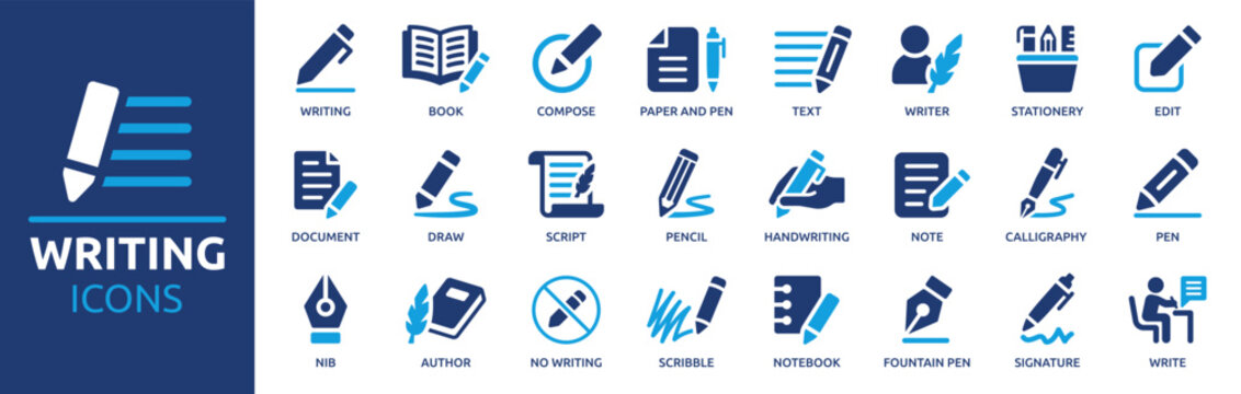 Writing icon set. Containing pen, write, pencil, note, edit, writer, document, nib, text and more. Solid vector icons collection.