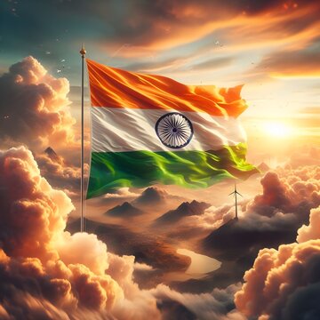 INDIA FLAG FLYING in cloud, sunset evening, Indian flag, Indian independence day, aid generated image , 2024
