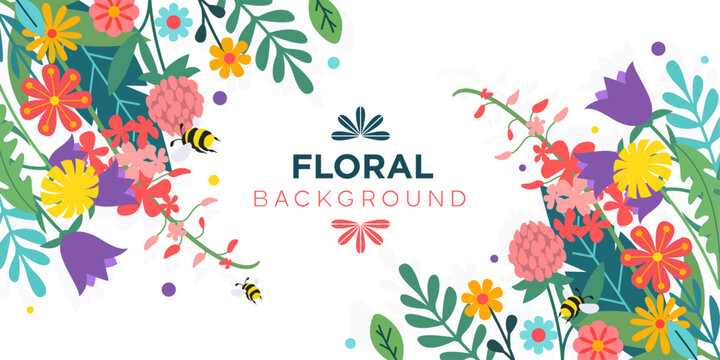 Background frame with blooming meadow flowers and bumblebees in vector, flat style.