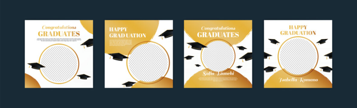 Graduation event greeting banner. Social media post banner for college graduation greetings. Photo booth props frames for graduation parties. School graduation ceremony frames for selfie vector set.