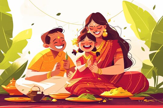 Illustration of happy people celebrating Ugadi festival, New Year's Day according to the Hindu calendar and is celebrated by Telugus and Kannadigas