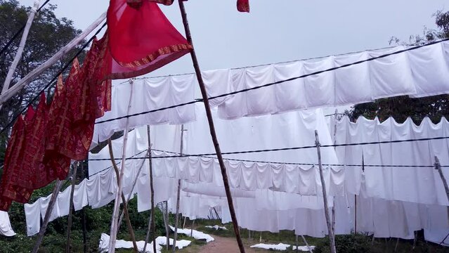 Mysuru, Karnataka, India-November 24 2023; A View of a Dhobi Ghats or traditional Laundry where the Clothes of all types are dried under the natural Sunlight in Mysuru city, India.
