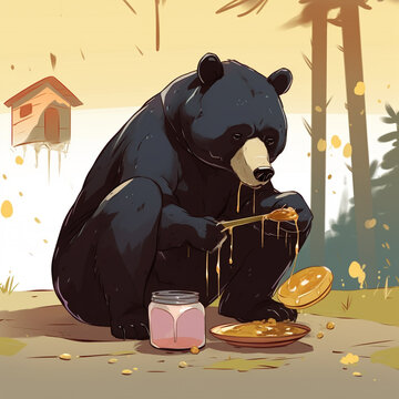 asthetic cartoon pic of bear weaaring black jacket,eating honey