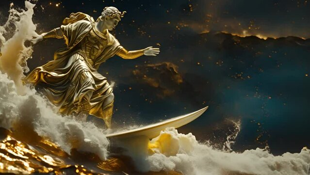 A golden statue of a Greek god surfing on a wave in space.