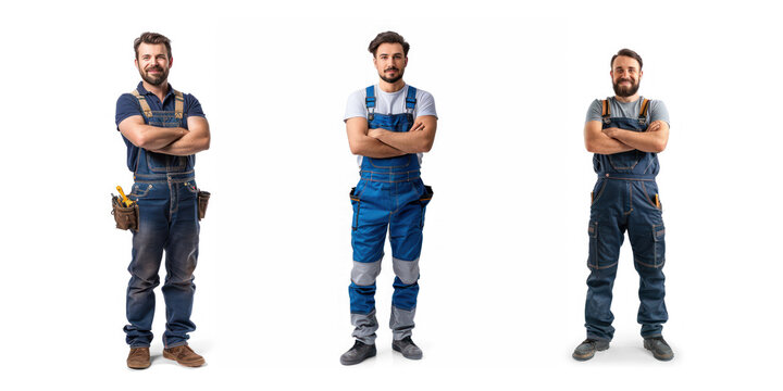 Set of full body confident professional handyman in overalls standing with crossed hand son transparency background PNG
