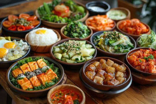 Korean foods served on a dining table. Perfect for photo illustration, article, or any cooking contents.