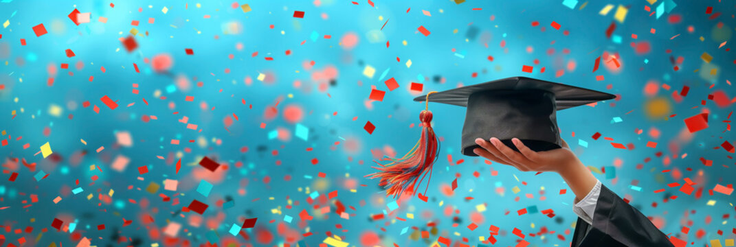 Human female hand holding graduation cap on background of confetti, copy space. Graduating event.