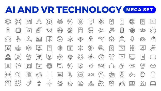 Artificial intelligence set of web icons in line style. AI technology for and mobile app. Machine learning, digital technology, and cloud computing networks. Outline icon set.