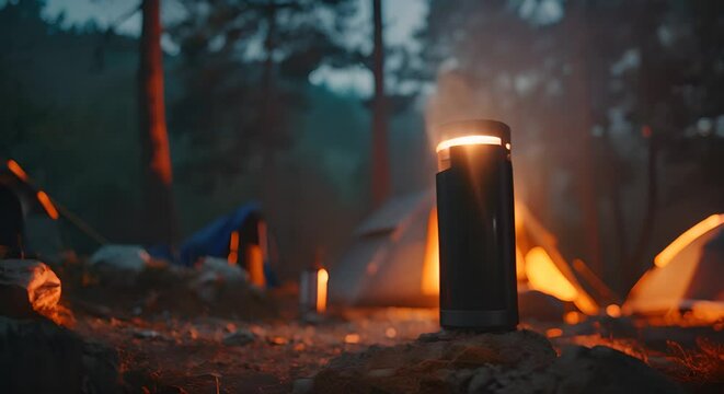 Innovative portable battery powering a camping site, tent and campfire gently blurred behind