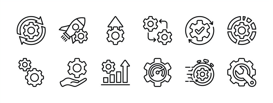 Gear settings thin line icon set. Containing optimization, sync, process, maintenance, configuration, modification, system, service, setup, operation, productivity, performance, efficiency. vector