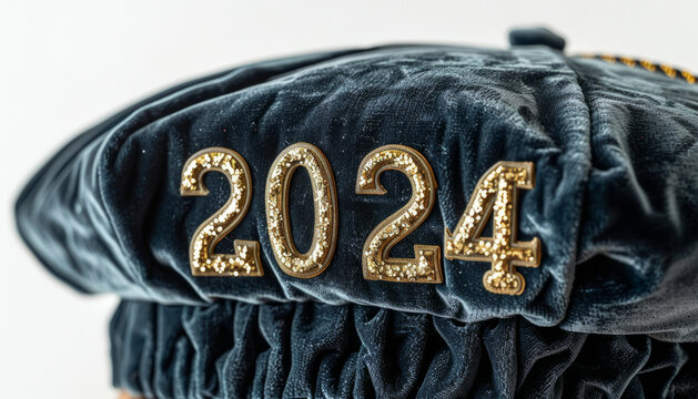 Black graduation hat clipart, with a black tassel that says "2024",gold letters, isolated on a white background,generative ai