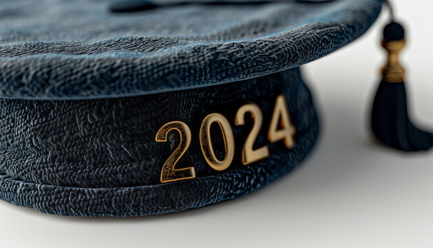 Black graduation hat clipart, with a black tassel that says "2024",gold letters, isolated on a white background,generative ai