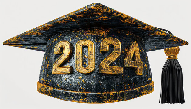 Black graduation hat clipart, with a black tassel that says "2024",gold letters, isolated on a white background,generative ai