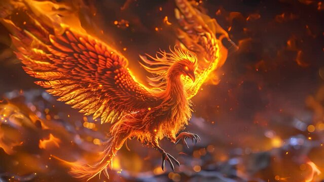 A fiery bird with its wings spread out, surrounded by a cloud of smoke and fire. Concept of danger and destruction, as the bird's fiery appearance and the surrounding flames suggest a powerful