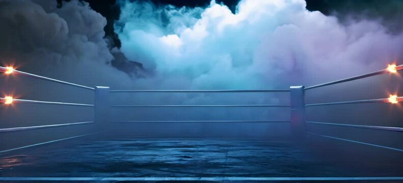 Professional boxing ring with spotlights and smokey background, martial arts sport